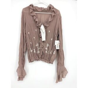 Kaelyn-Max Mauve Crinkle Embroidered Ruffle Blouse Tie Front XL 3876